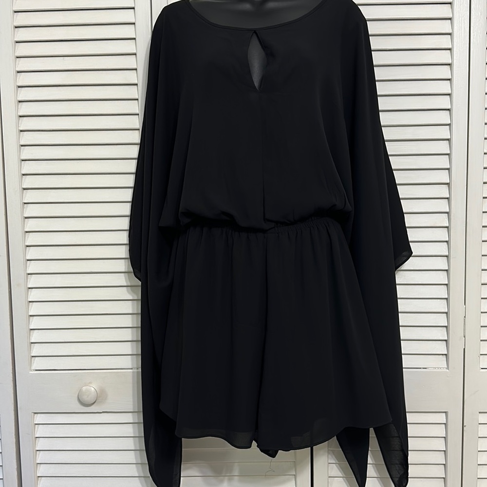 Express Black Sheer Batwing Romper Dressy Long Drape Sleeves & Elastic Waist LG